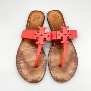 Tory Burch Moore Sandals Womens 10M Poppy Red Leather Logo Thong Flats Preppy